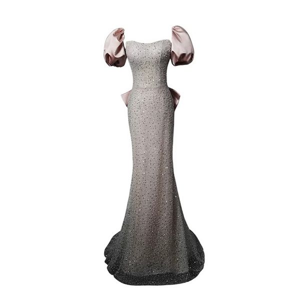 

luxury mermaid evening dress pink shiny pearl sequined strapless detachable puff sleeve bow tailing party women formal prom gown, Black;red