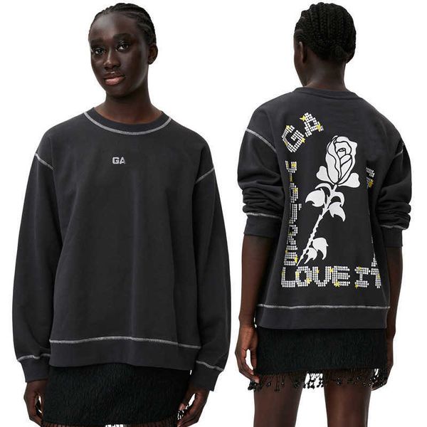 

23ss ganni mens women designer sweatshirt sweater new letter-printed casual long-sleeved pullover with contrast stitching sweatshirt for pur, Black