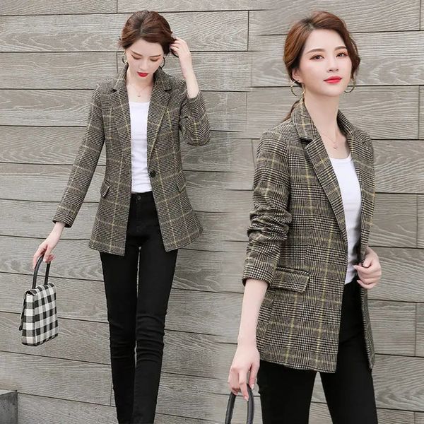

women's suits blazers work office ladies suit coat vintage single button pockets business female blazer fashion autumn women plaid blaz, White;black