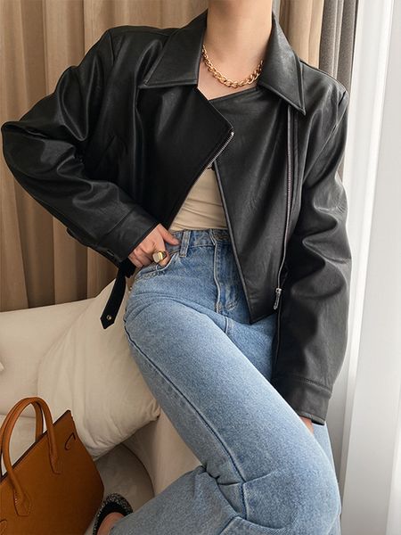 

women's jackets pu biker leather jacket thicken short for 2023 spring autumn lapel long sleeve zipper splicing female 1a261 230306, Black;brown