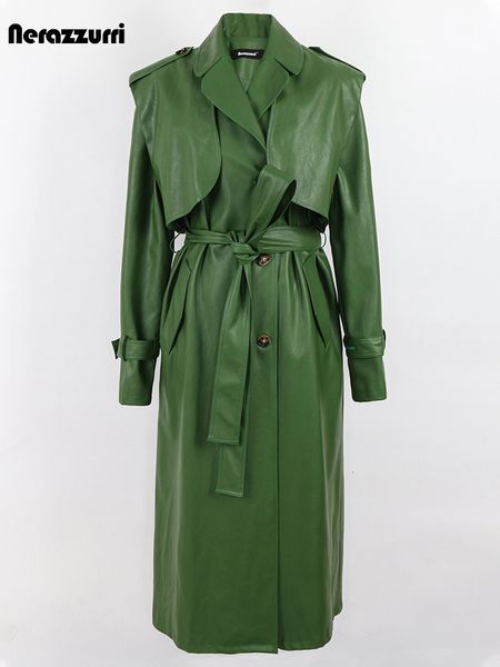 

women's jackets nerazzurri autumn long cool green pu leather trench coat for women sashes single breasted stylish luxury designer cloth, Black;brown
