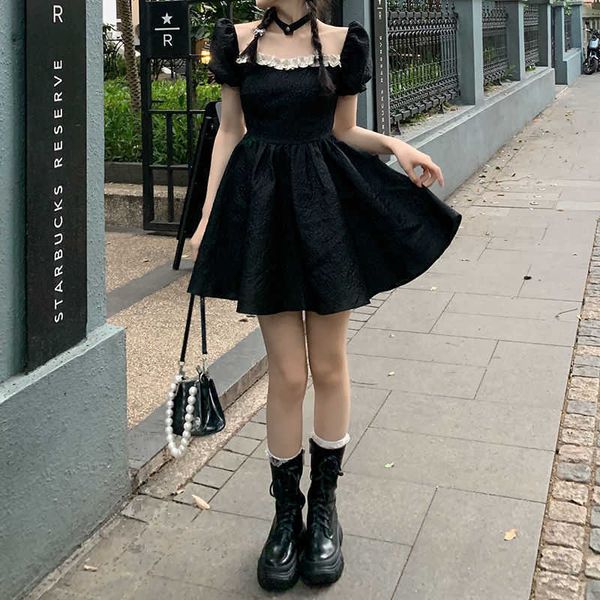 

casual dresses backless bow dresses women summer fashion high waist puff sleeve vestidos vintage lolita style square collar aline dress z030, Black;gray