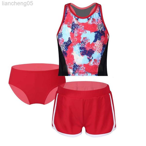 

one-pieces 3pcs kids girls swimwear sleeveless print vest with briefs and shorts set for children summer swimming beach bathing suit w0310, Black