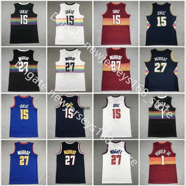 

stitched 15 nikola basketball jerseys 2021-22 city navy jokic jamal murray 27 michael porter jr. 1 blue white black orange men sports shirts, Black;red