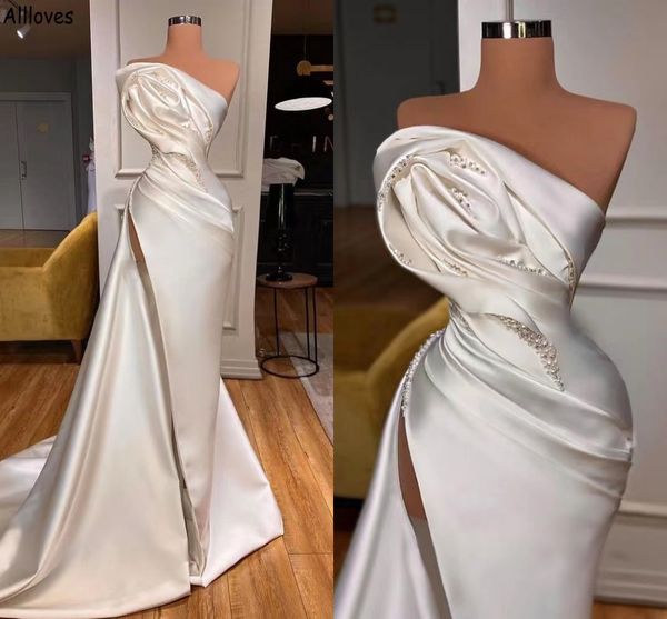 

dubai arabian pearls beaded trumpet mermaid wedding dresses ivory satin pleated elegant modern bridal gowns high split court train vestidos, White