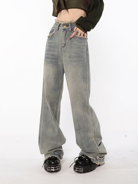 

women's jeans high waist straight tube washed jeans women's vintage raw edge baggy denim pants streetwear american style wide leg, Blue