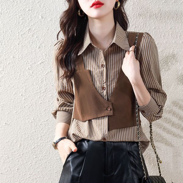 

women's blouses shirts stylish lapel button spliced striped fake two pieces shirt women's clothing autumn casual irregular blouse, White