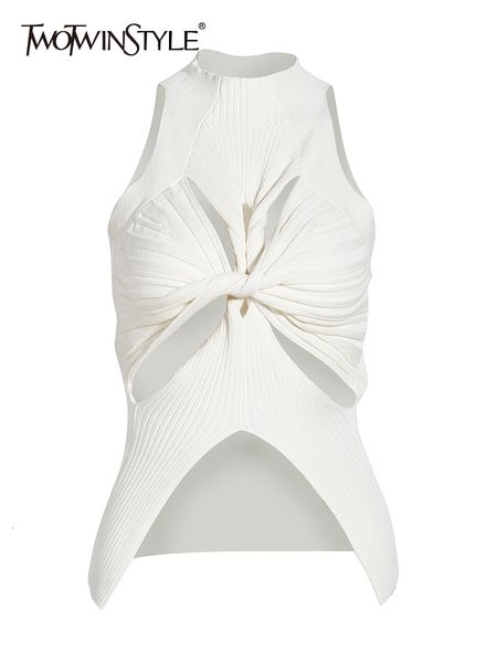 

women's tanks camis twotwinstyle cut out vest for women round collar sleeveless solid minimalist knitting vests female summer clothes s, White