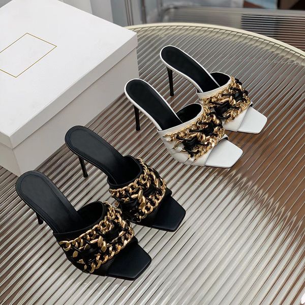 

metal chain high-heeled slippers open toes slip-on slides calfskin leather outsole heeled mules for women luxury designer sandals factory fo, Black