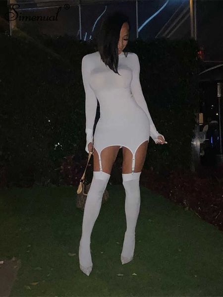 

casual dresses simenual solid bodycon garter women mini dress with stocking long sleeve clubwear skinny party dresses autumn 2021 slim z0216, Black;gray