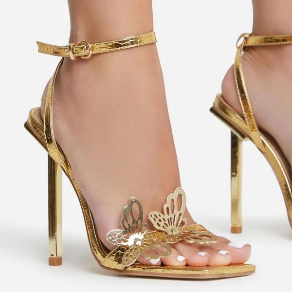 

metal butterfly sandals square toe stiletto high heels buckle strap pumps 2023 party women shoes, Black