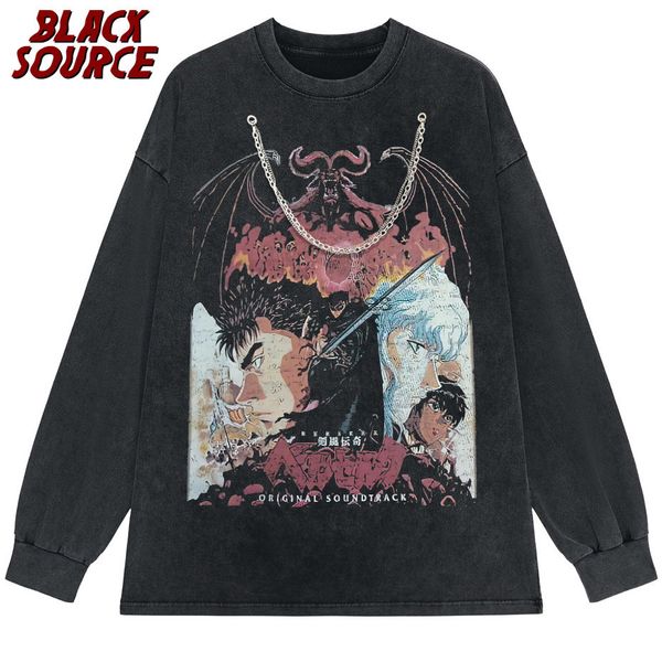 

men's t-shirts black source kenpuu denki berserk anime manga vintage wash t-shirt 230303, White;black
