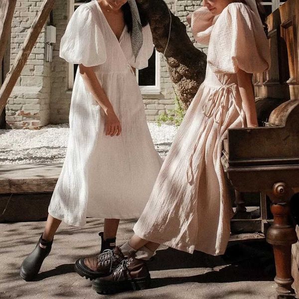 

casual dresses causal 100 cotton women's dress vintage crepe gauze vneck puff sleeve bandage lace up elegant white dresses long maxi ro, Black;gray