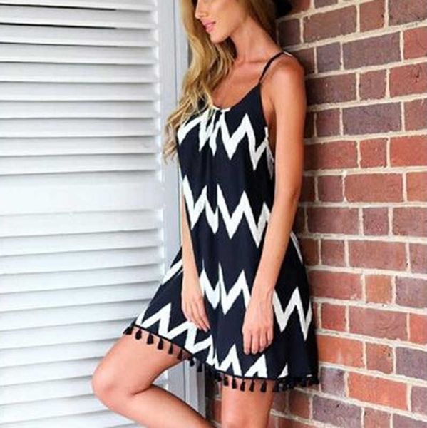 

womens casual skirt black and white wave striped beach skirt tassel sling chiffon casual dresses, Black;gray