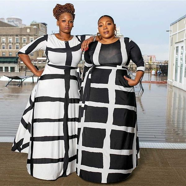 

casual dresses 2023ins large women's fashion stripe positioning printing five-quarter sleeve dress t230303, Black;gray