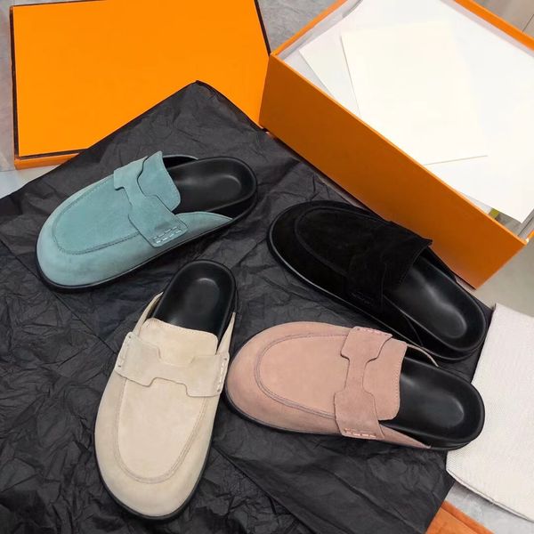 

women designer birkenstock slippers round toe scuffs suede leather moccasins calssic mules easy slides 35-41, Black