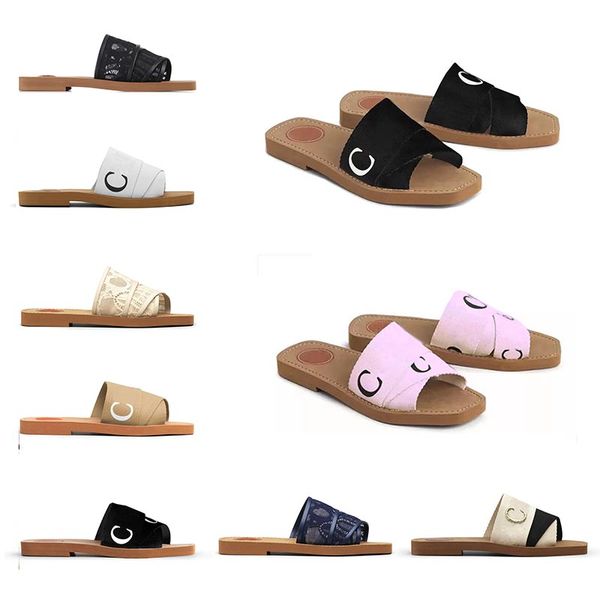 

fashion woody sandals womens mules flat slides light tan beige white black pink lace lettering fabric canvas slippers womens summer outdoor