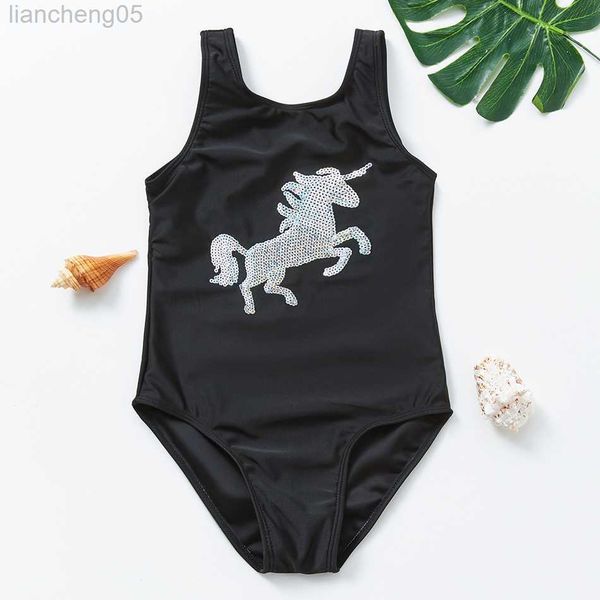 

one-pieces 2021 girls swimsuit sequined bathing suit 2-9years black unicron one piece swimsuit children summer swimwear w0310