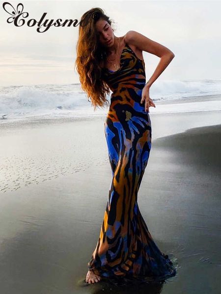 

casual dresses colysmo print maxi dress women low cut cowl neck back lace up dresses seaside party club wear long dress 2020 new z0216, Black;gray