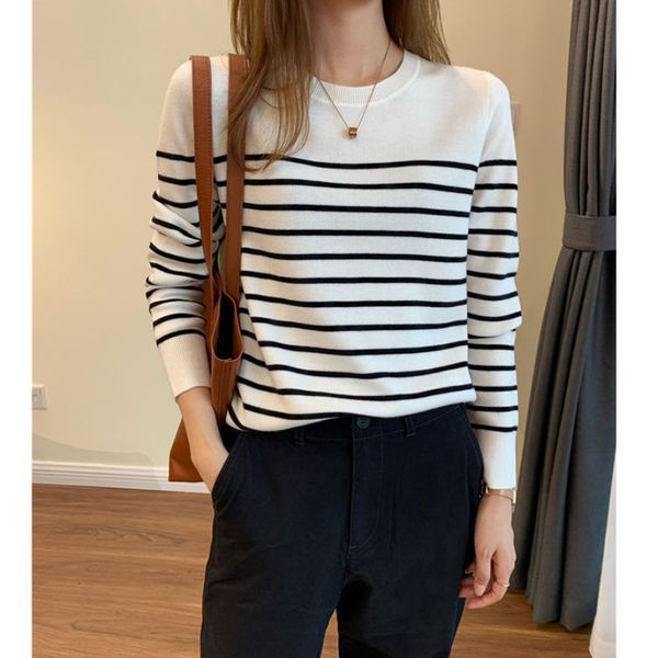 

women's sweaters spring striped knit sweater for women in autumn and winter with bottom round neck 230306, White;black