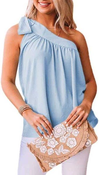

womens camisole spring smmer oblique shoulder solid tunic shirts tie knot loose tank 9yov, White