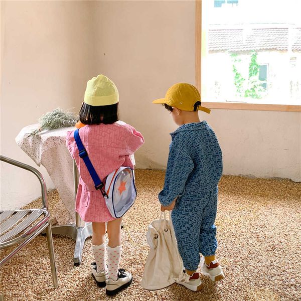

korean chil1en's clothing 1 spring boys' and girls' denim set printed chil1en's two-piece brother and sister set, Blue