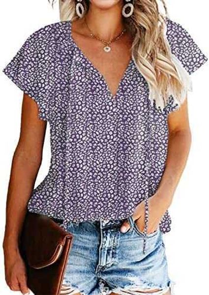 

women's casual floral print v neck ruffle short sleeve summer shirts loose blouses6bsl, White