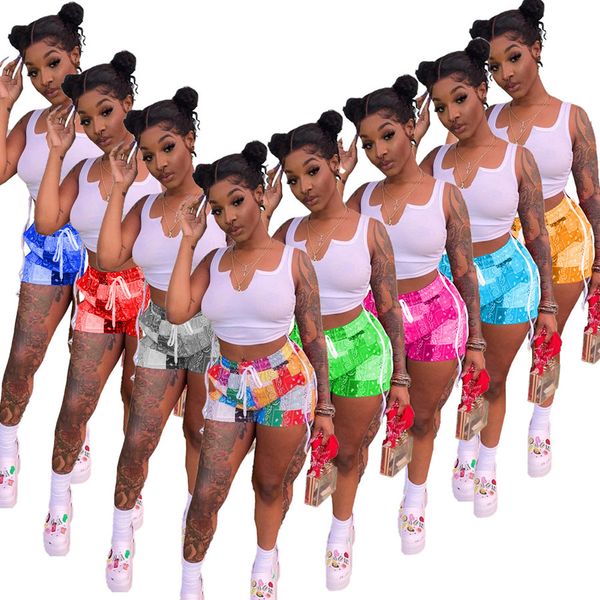 

2023 designer summer tracksuits two piece set women outfits sporty sportswear sleeveless tank and print shorts casual sportswear bulk wholes, Gray