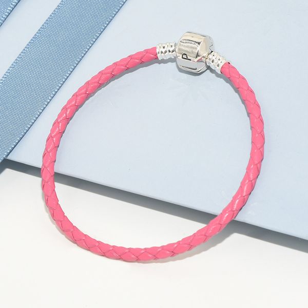 

pink real leather charm bracelet for pandora 925 sterling silver clasp hand chain designer jewelry for women girlfriend gift couple's b, Golden;silver