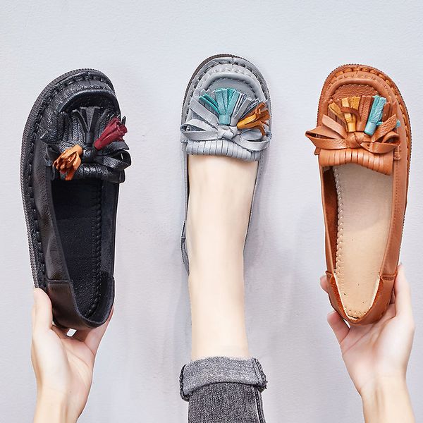 

dress shoes vintage leather for women ballet flat's tassel loafers slip on with fringe woman luxury moccasin 230307, Black