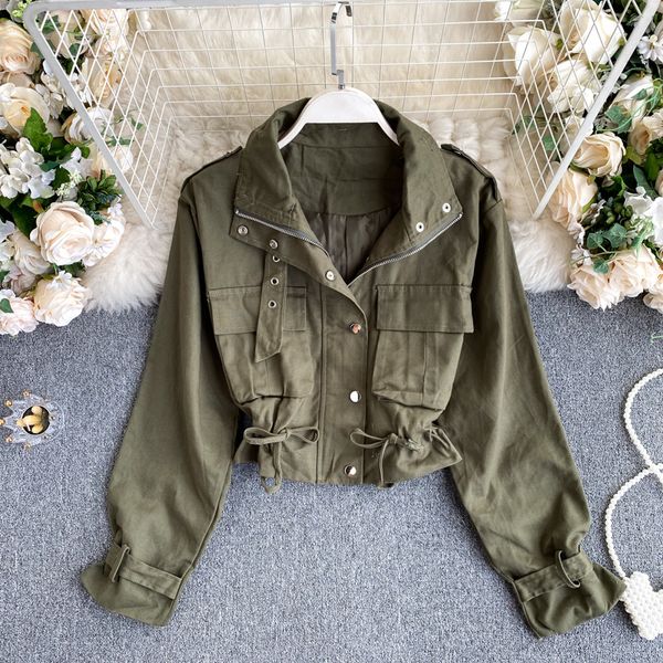 

women's jackets fashion spring autumn women's jacket solid safari style turn down collar full sleeve all match short coat with poc, Black;brown