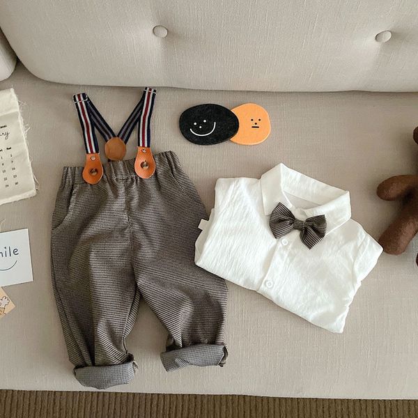 

clothing sets milancel spring baby set boys birthday bow shirt and plaid overalls 2 pcs suit 230307, White