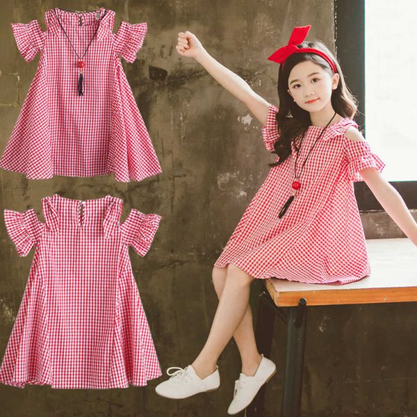 

girl's dresses new fashion flower girl dresses plaid dress for girls short sleeve summer casual kids dress 4-13 years old princess dres, Red;yellow