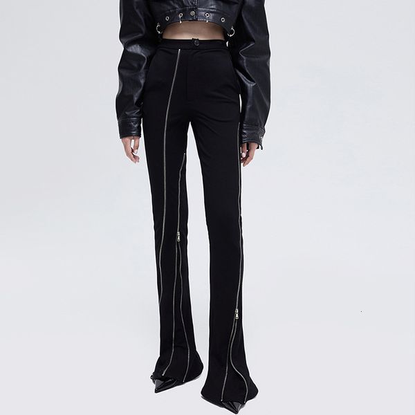

women's pants s luxury chunky metal zipper stylish flare palazzo slim fit elastic stretched high waist trousers 230306, Black;white