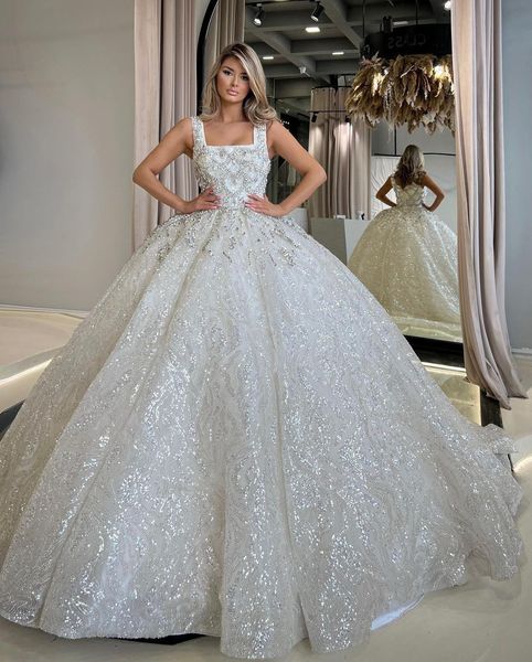 

sparkly ball gown wedding dresses sleeveless bateau straps sequins appliques beaded ruffles pearls diamonds bridal gowns plus size custom ma, White