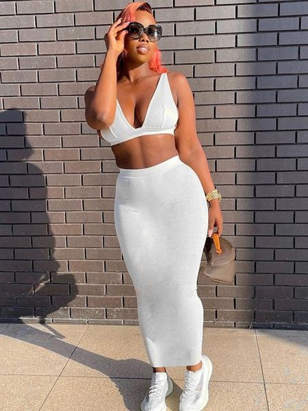 

two piece dress sisterlinda summer rib casual women 2 pieces set sleeveless backless v neck crop tank high waist long skirt matching outfits, White