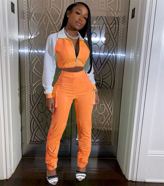 

women's two piece pants women casual luminous tracksuits 2 piece sets patchwork zipper long sleeve jacket high waist trousers pants 23, White