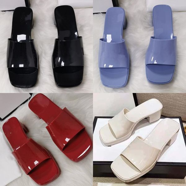 

designer sandals women chunky slipper jelly bright leather slides fashion ladies l beach mid heel slipper, Black