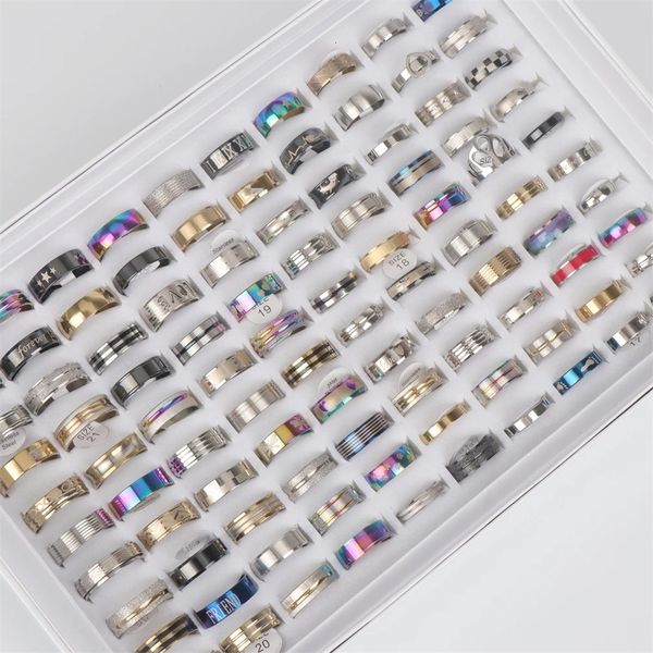 

cluster rings wholesale 100pcs lot fashion stainless steel stripe heart love jewelry for women men mix style party gifts 230307, Golden;silver