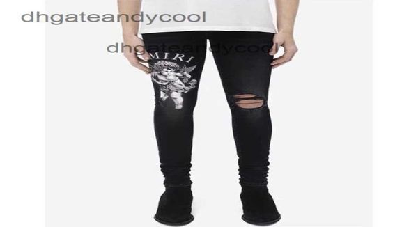 

brand 2023 amirs jeans designer black jean mens pant ch high washing street tide little angel print hole elastic slim fit little fo6812349, Blue