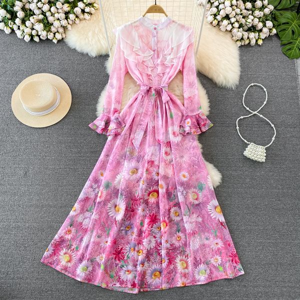 

high-grade style stand-up collar dress with ruffles and flared sleeves shows thin a-line print dress with waist and elegant large swing skir, Black;gray