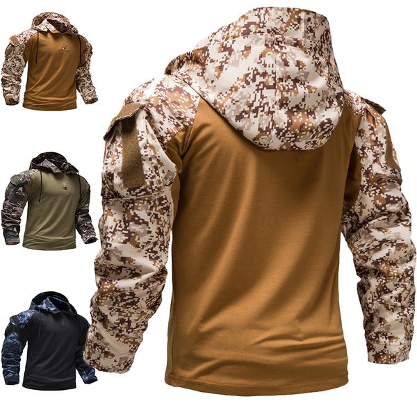 

men's hoodies sweatshirts men's military camouflage tactical long-sleeved t-shirt fashion hooded camouflage long-sleeved sweatersh, Black