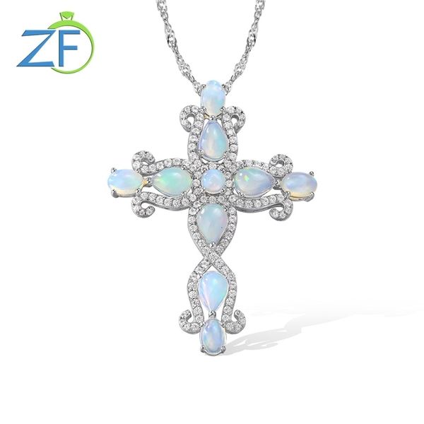 

chokers gz zongfa 925 sterling silver necklace for women 5 5 natural opal colourful gemstone cross pendant party gift fine jewelry 230306, Golden;silver