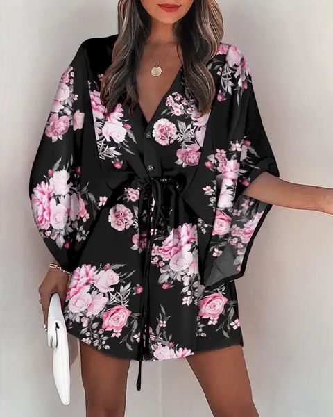 

casual dresses summer boho dresses women casual flora print batwing sleeve lace-up dress v neck loose ladies beach mini dress vestido 230307, Black;gray