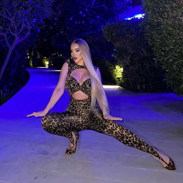 

women's jumpsuits rompers 21 spicy girls' tight leopard pattern broken bodysuit sleeveless stepping pants open back zipper america, Black;white