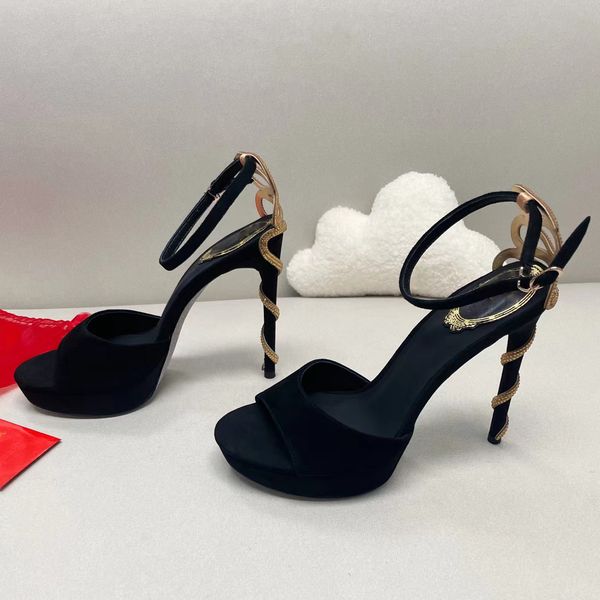 

stiletto rene caovilla sandals women platform crystal dress shoe designer casual dinner 12cm high heels factory shoes snake decoration, Black