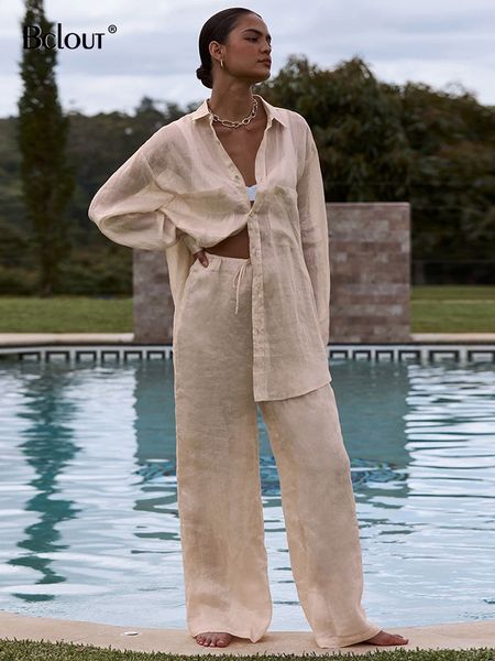 

women's two piece pants bclout summer khaki linen pants sets women 2 pieces outfits long sleeve loose blouses fashion elastic waist wid, White