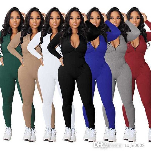 

2023 new womens jumpsuits knit rib bodycon fitness playsuit sportswear long sleeve zipper rompers capris pants, Black;white