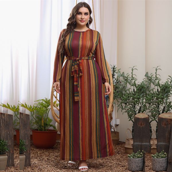 

plus size dresses elegant lace up striped size retro party loose long sleeve luxury fashion midi women s autumn vestido 5xl 230307, Black