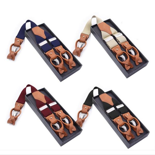 

suspenders 35x125 6 clips men suspender leather brace male vintage casual wedding party suspensorios trousers strap with gift box package 23, Black;white
